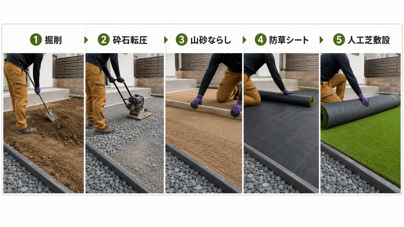 人工芝の施工工程（掘削・下地・防草シート・敷設）の図解