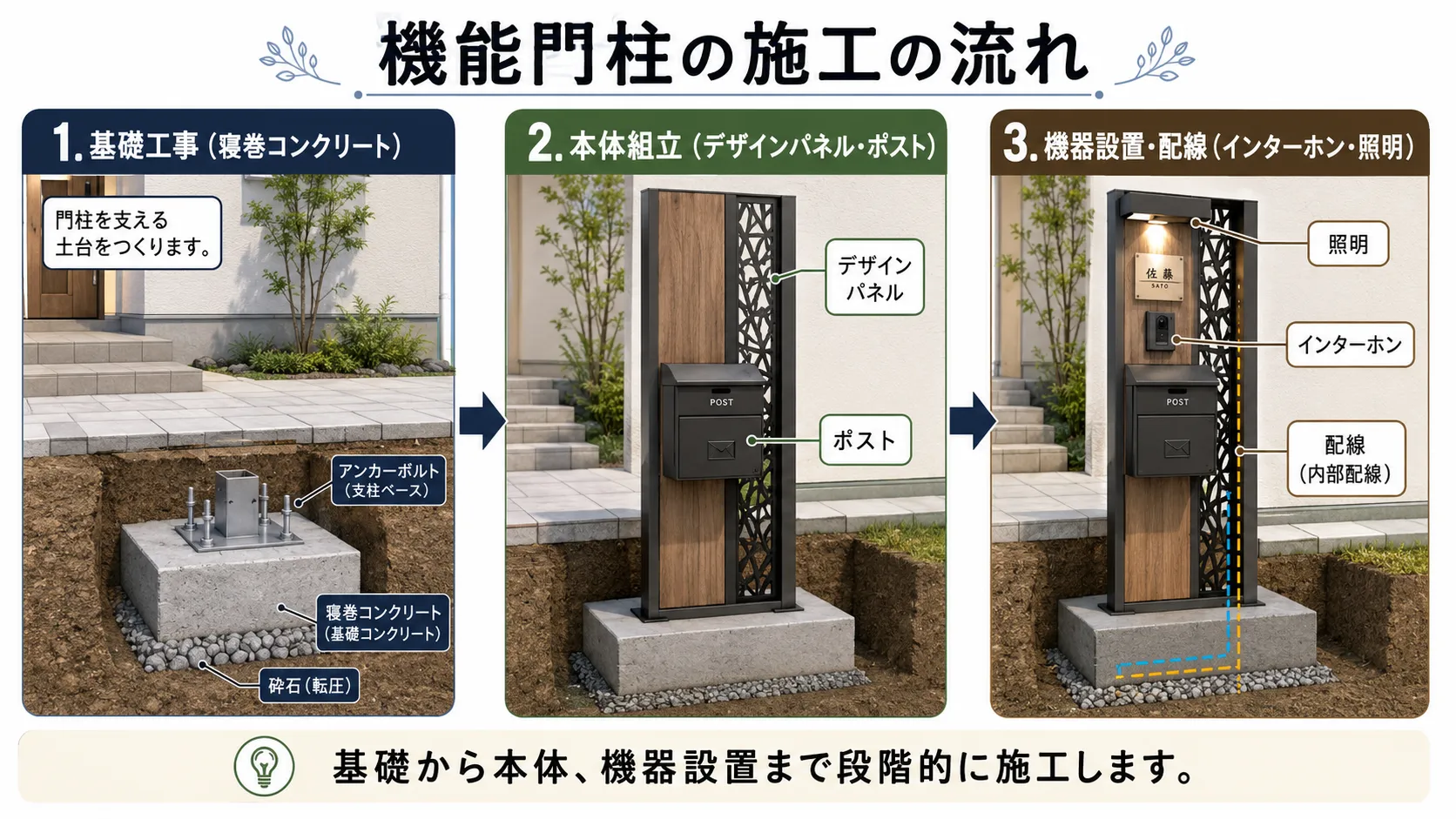 機能門柱の構成（基礎・本体・機器配線）の図解