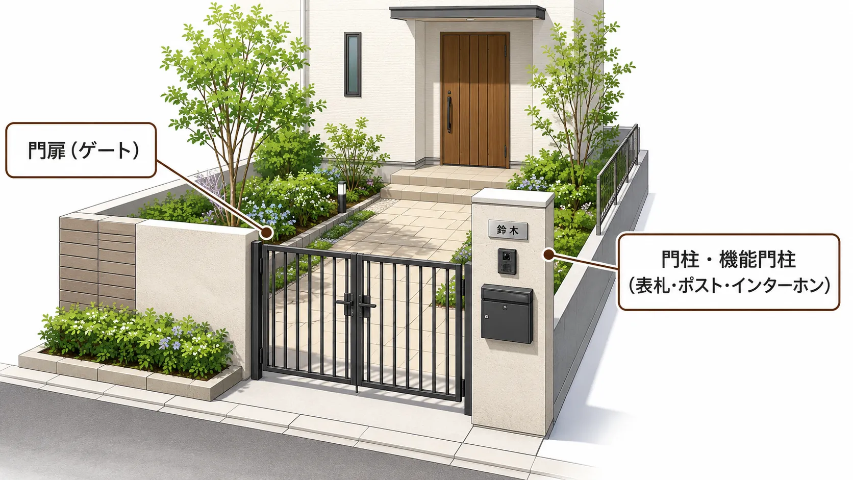 門扉と門柱の違いを示した門まわりの図解