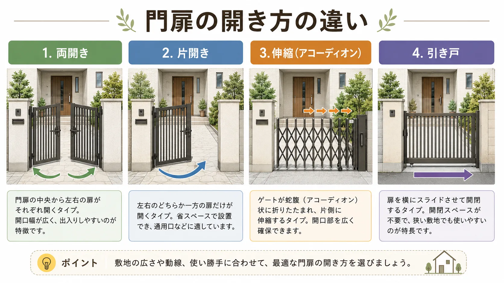 門扉の開き方の種類（両開き・片開き・伸縮・引き戸）の比較
