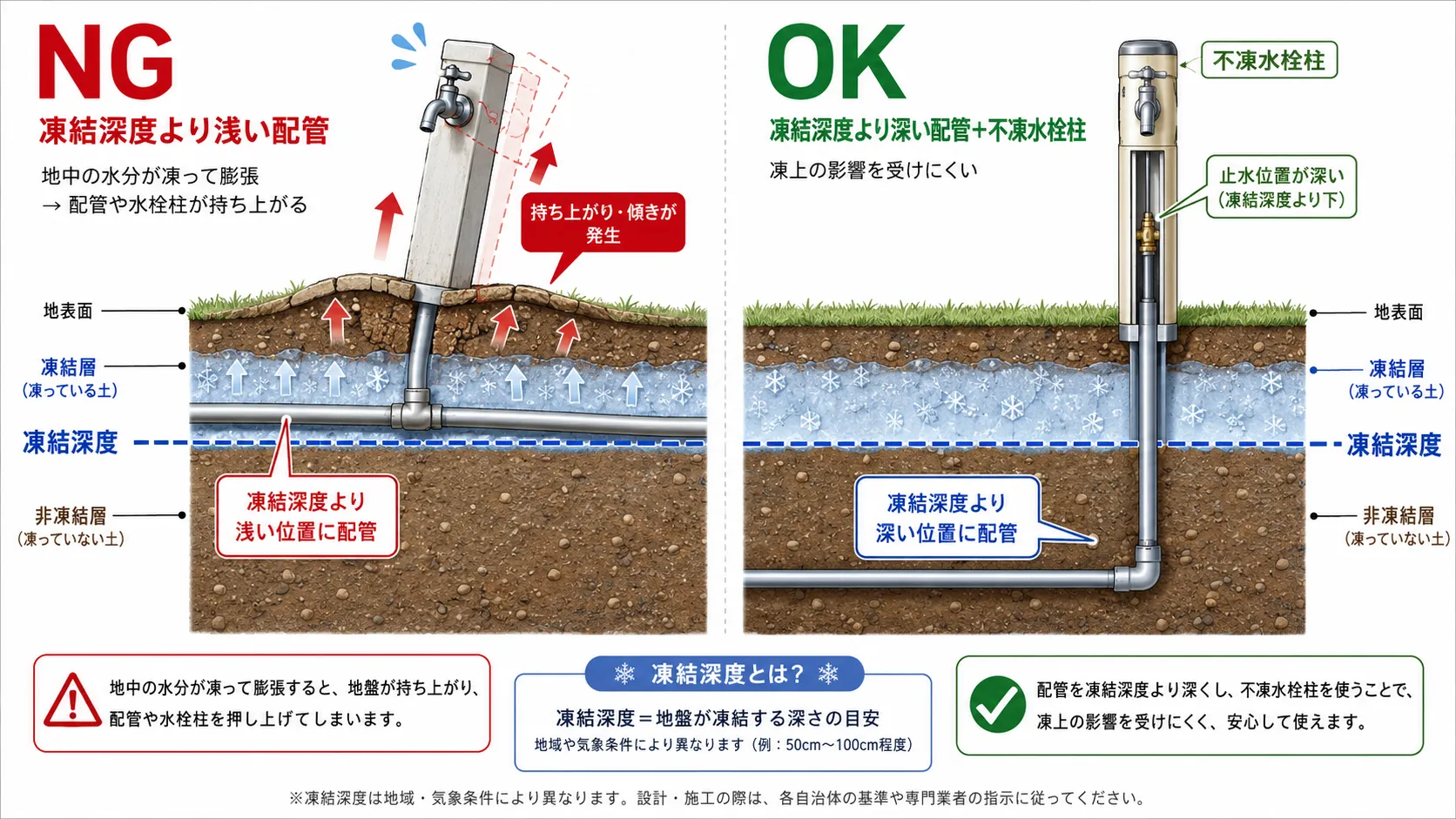 盛岡の外構で必要な凍上・凍結深度対策の図解