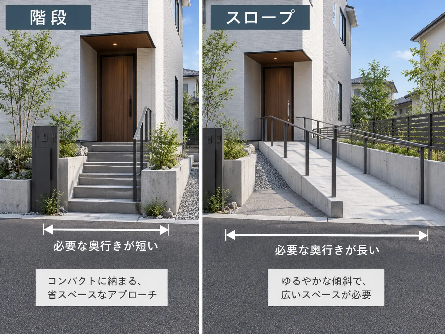 玄関アプローチの階段とスロープを比較した図