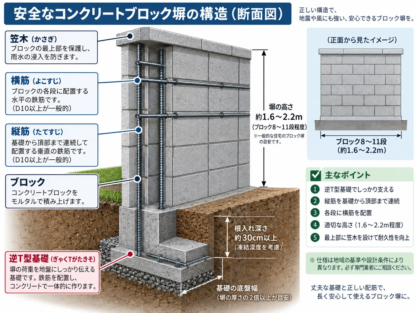 安全なブロック塀の構造（基礎・鉄筋・高さ）を示した断面図