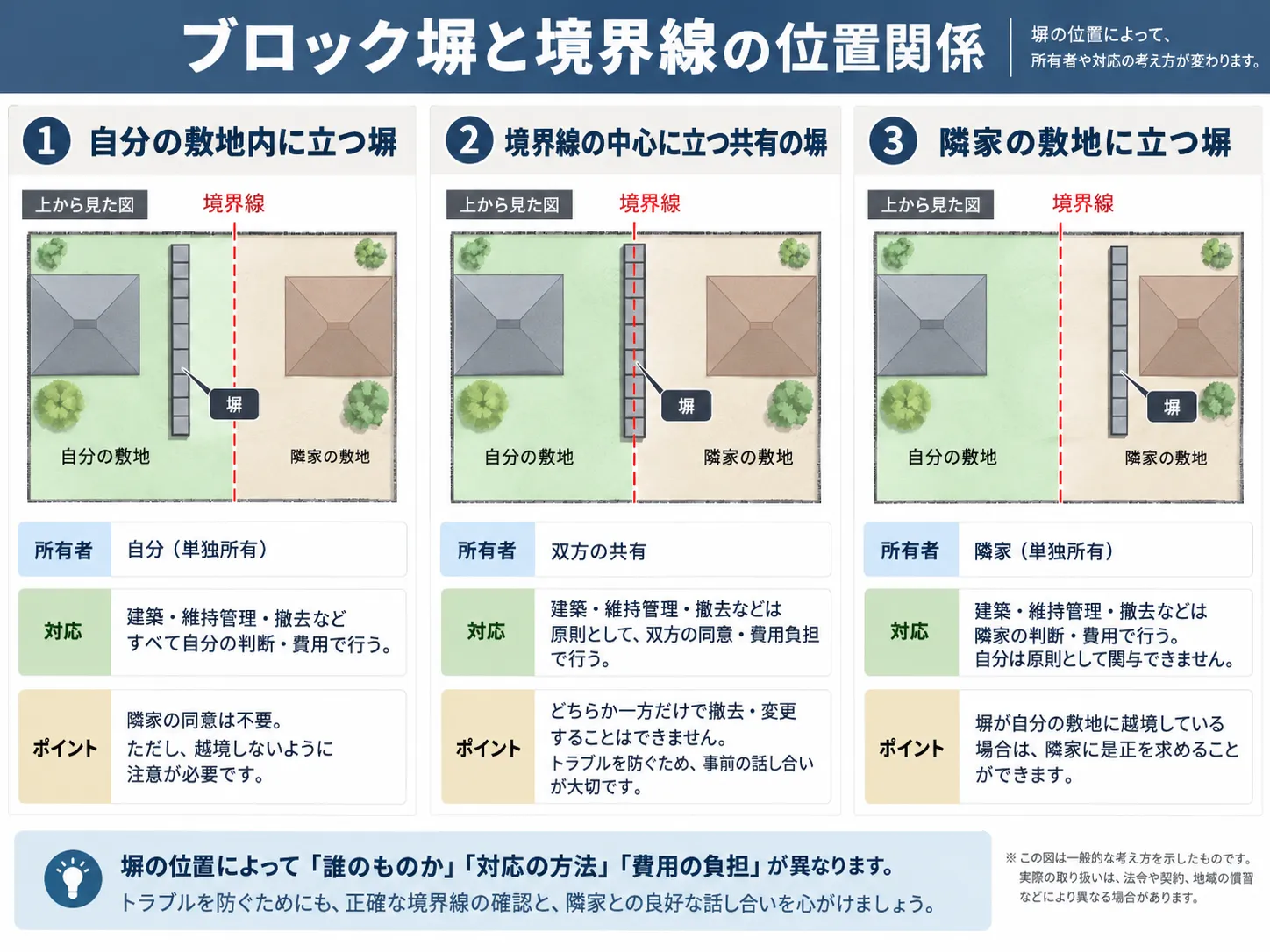 ブロック塀と境界線の位置関係（自分の敷地・共有・隣家）
