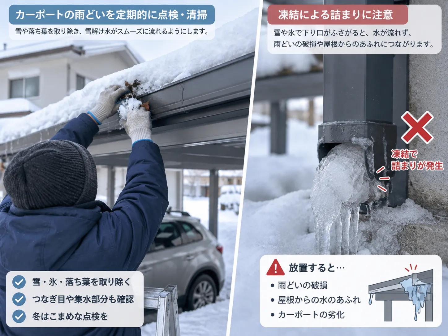 カーポートの雨どいの点検と凍結対策