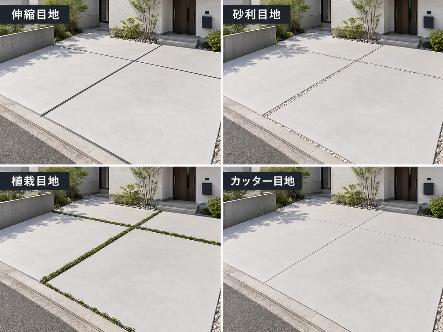 土間コンクリートの目地の種類（伸縮目地・砂利目地・植栽目地・カッター目地）の比較
