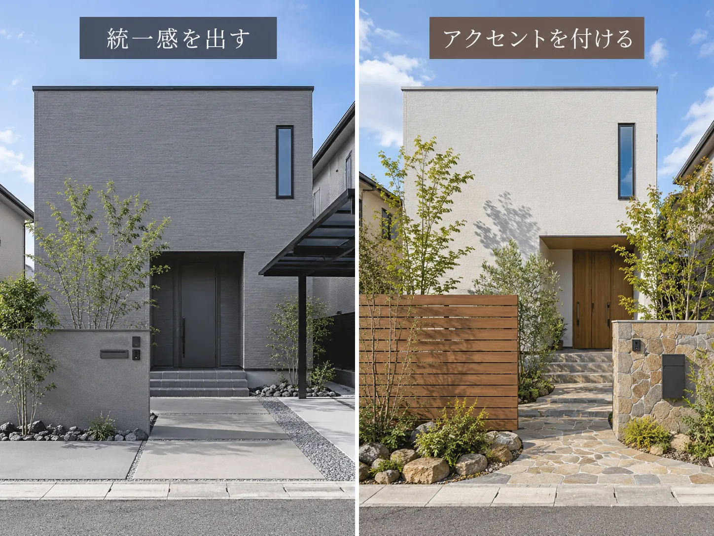 外構デザインの方向性の比較（統一感とアクセント）