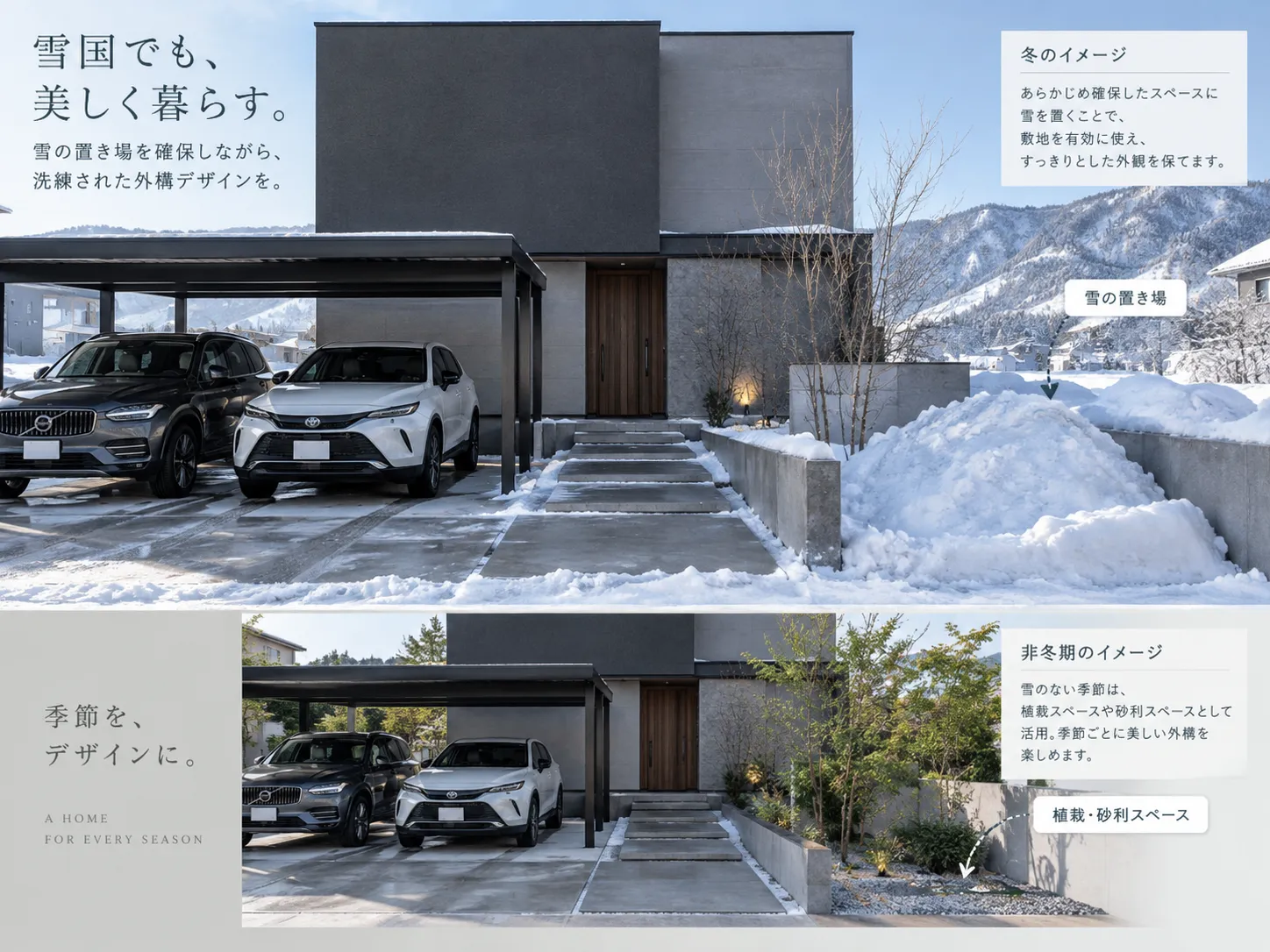 雪の置き場を考えた寒冷地の外構デザイン