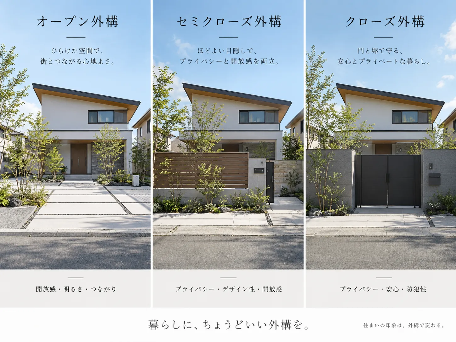 オープン外構・セミクローズ外構・クローズ外構の違いの比較
