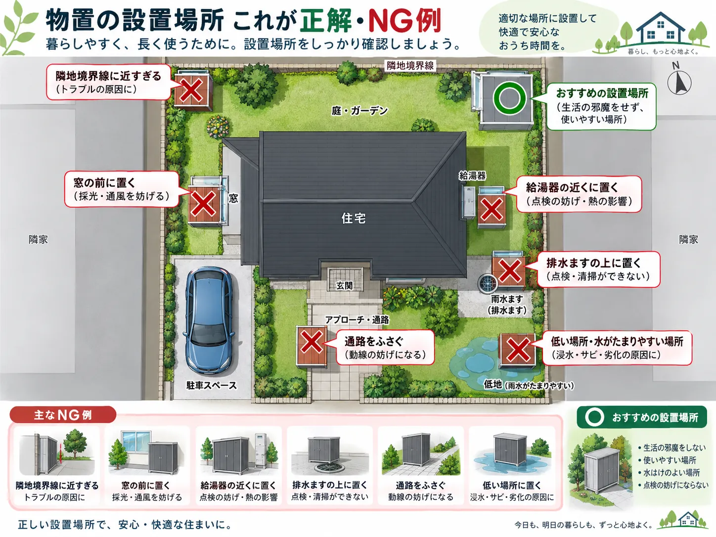 物置を置いてはいけない場所を示した敷地図