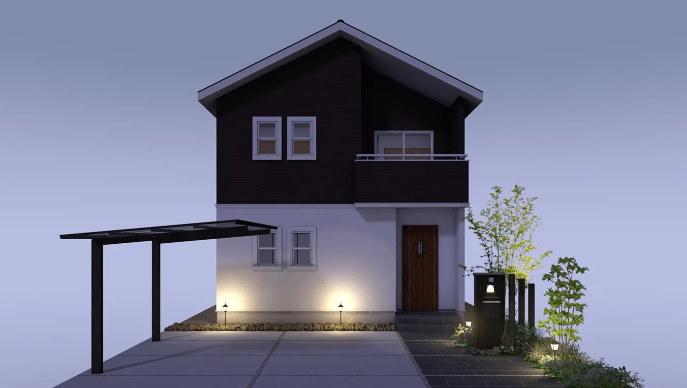 北欧風の住まいに映えるブラックのエクステリア（3Dパース）
