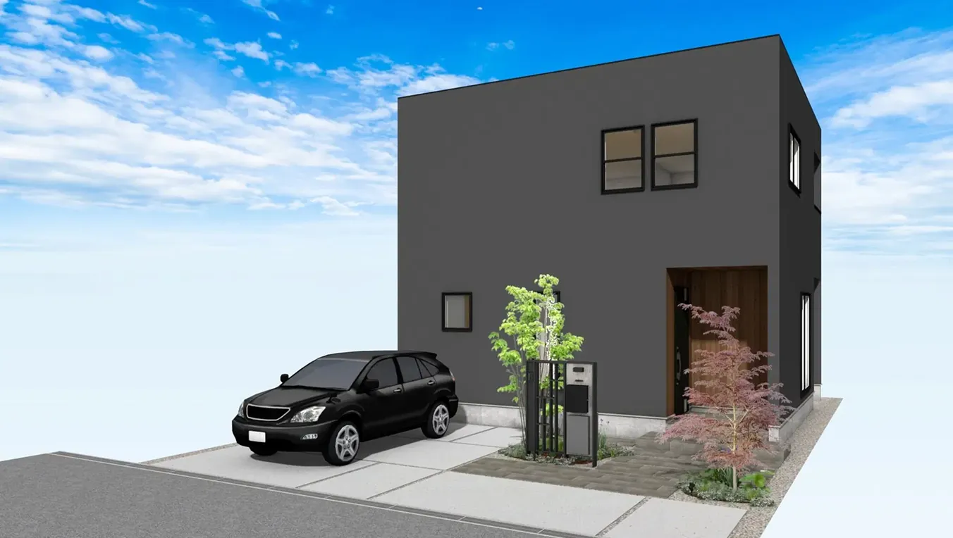 ダークカラーの住まいに植栽が映えるシンプル外構（3Dパース）