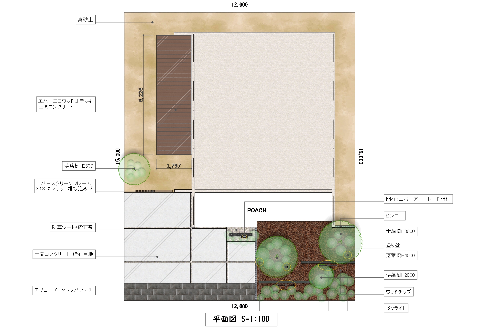 木調格子と植栽の重なりが彩る和モダンの門まわり（図面）