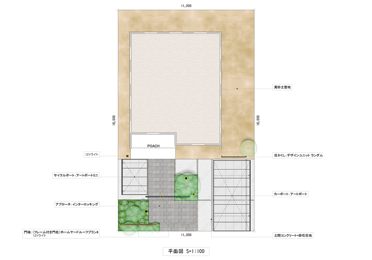 フレームと格子がつなぐ統一感のあるエクステリア（図面）