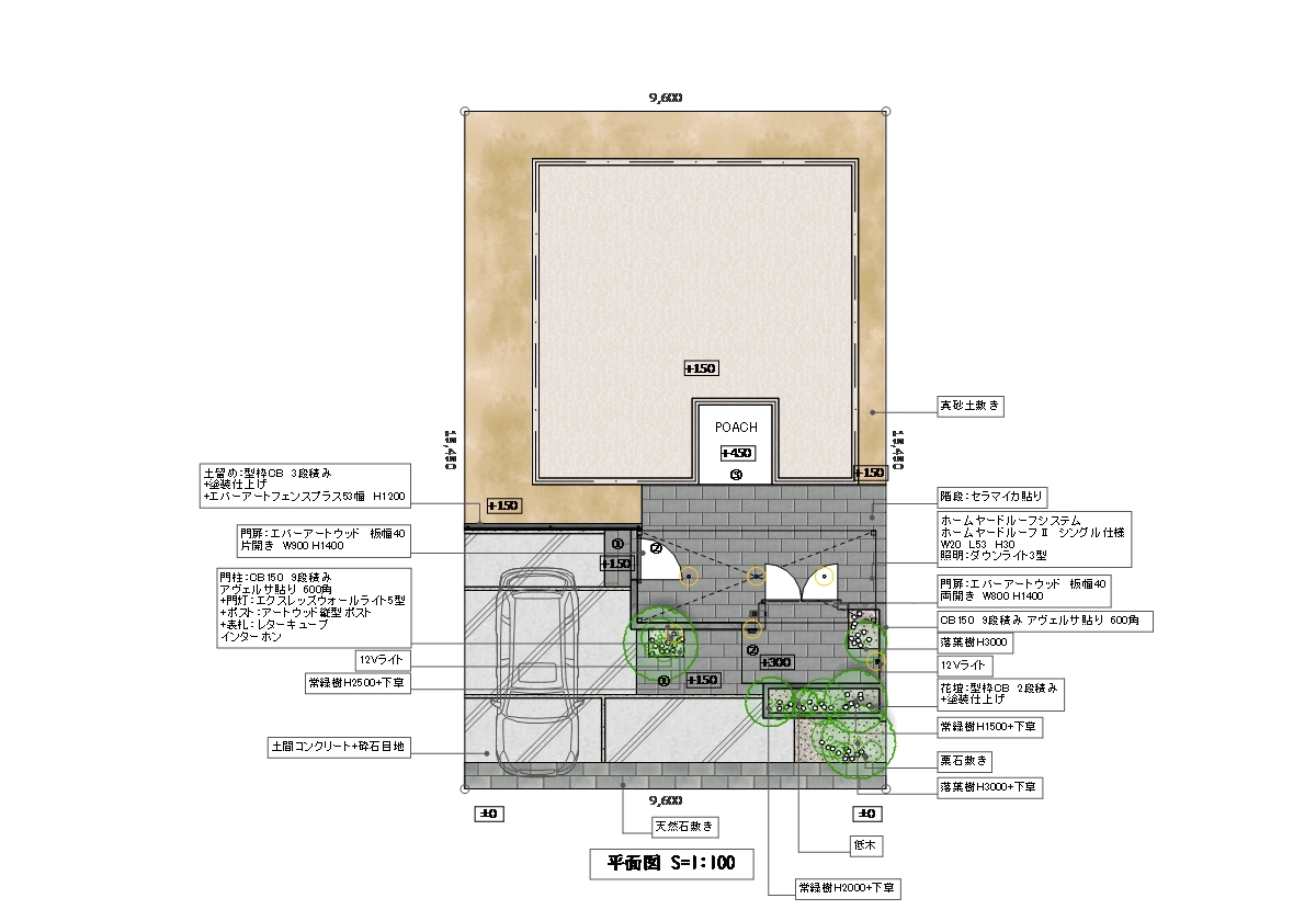 石目調の門袖と灯りがつくる上質なクローズ外構（図面）