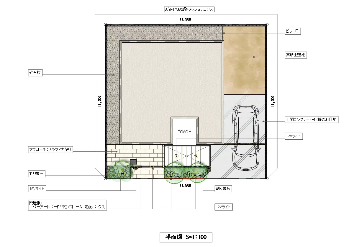 木調の門柱と黒い格子が際立つモダンエントランス（図面）