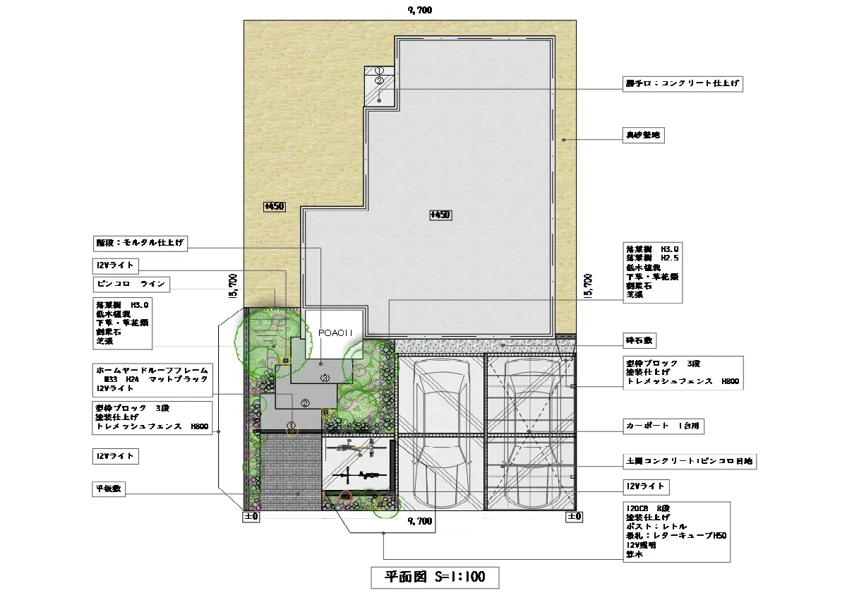 階段の灯りとフレームが導くモダンなアプローチ（図面）