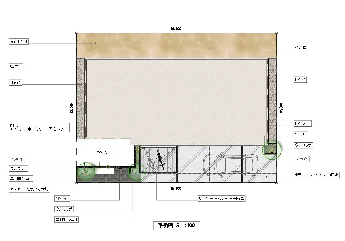 建物と一体感を生む木調格子とフレームの門まわり（図面）