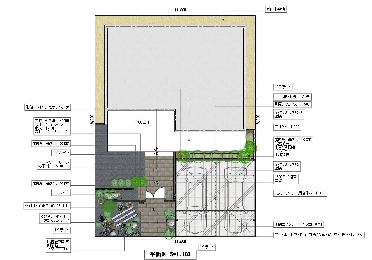 門扉と植栽で落ち着きをつくるクローズ外構（図面）