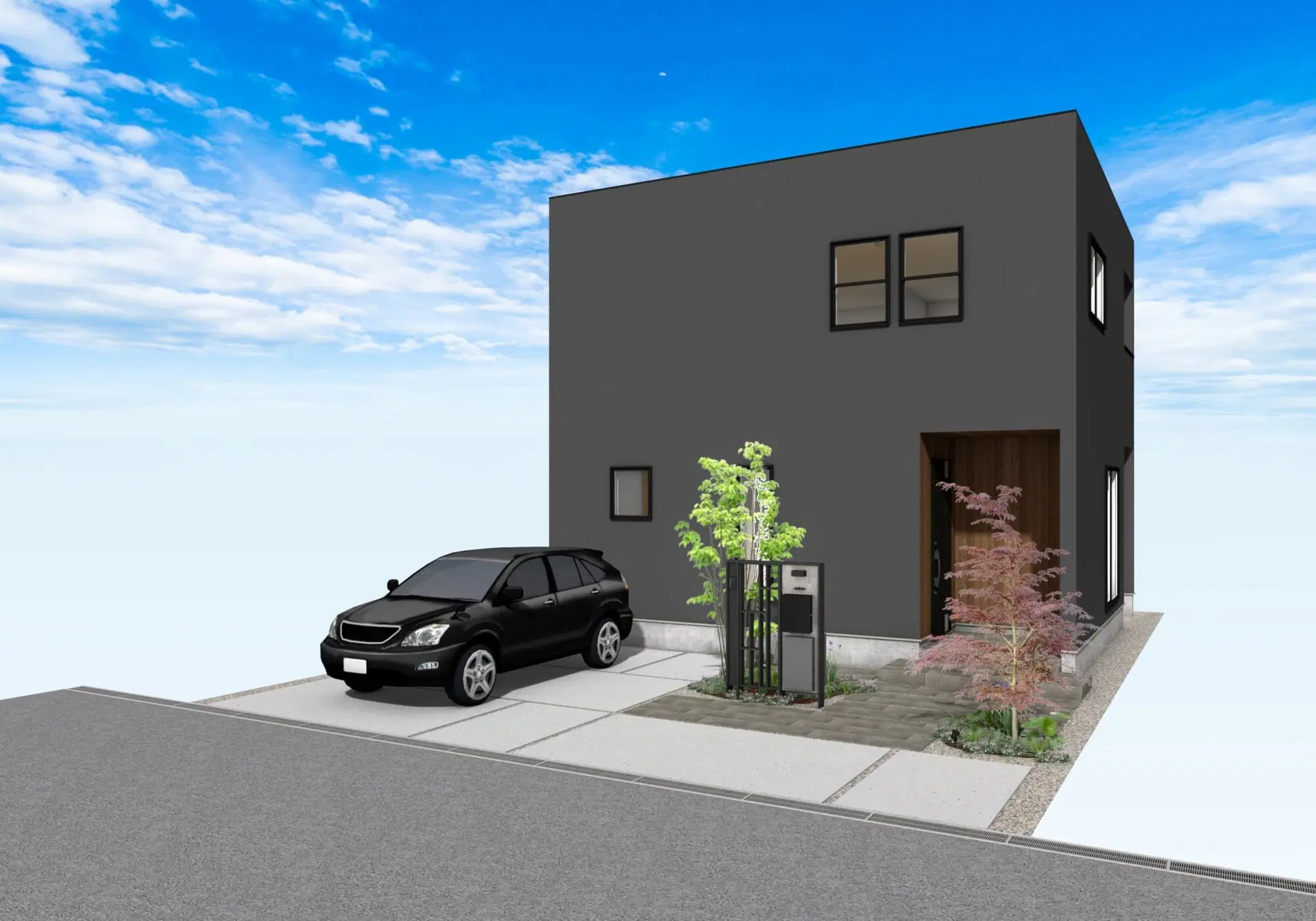 ダークカラーの住まいに植栽が映えるシンプル外構（3Dパース）