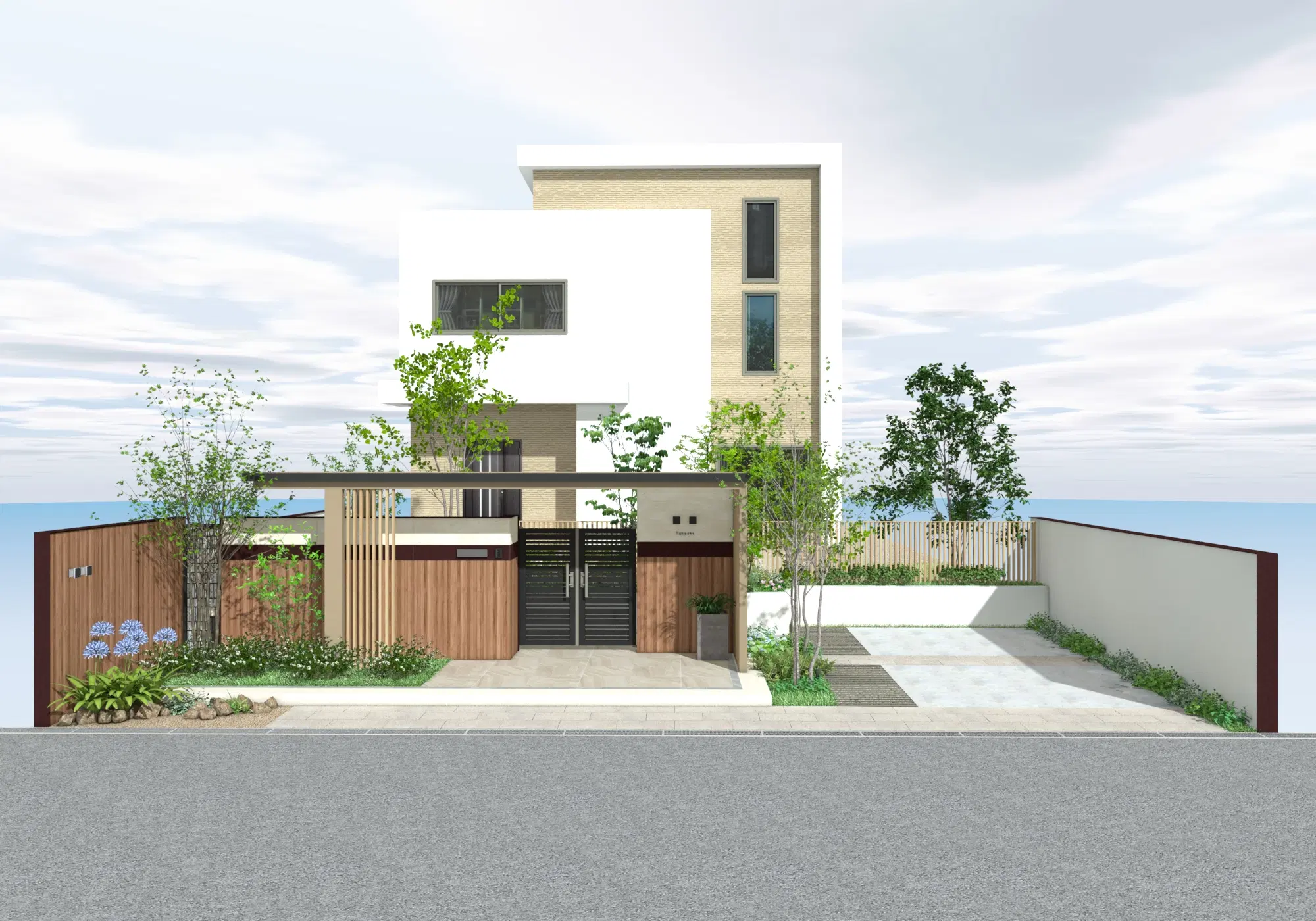 木調の門壁と植栽で温かく迎えるエントランス（3Dパース）