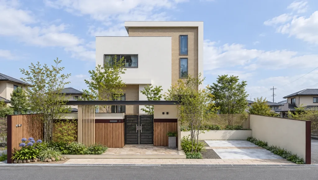 木調の門壁と植栽で温かく迎えるエントランス