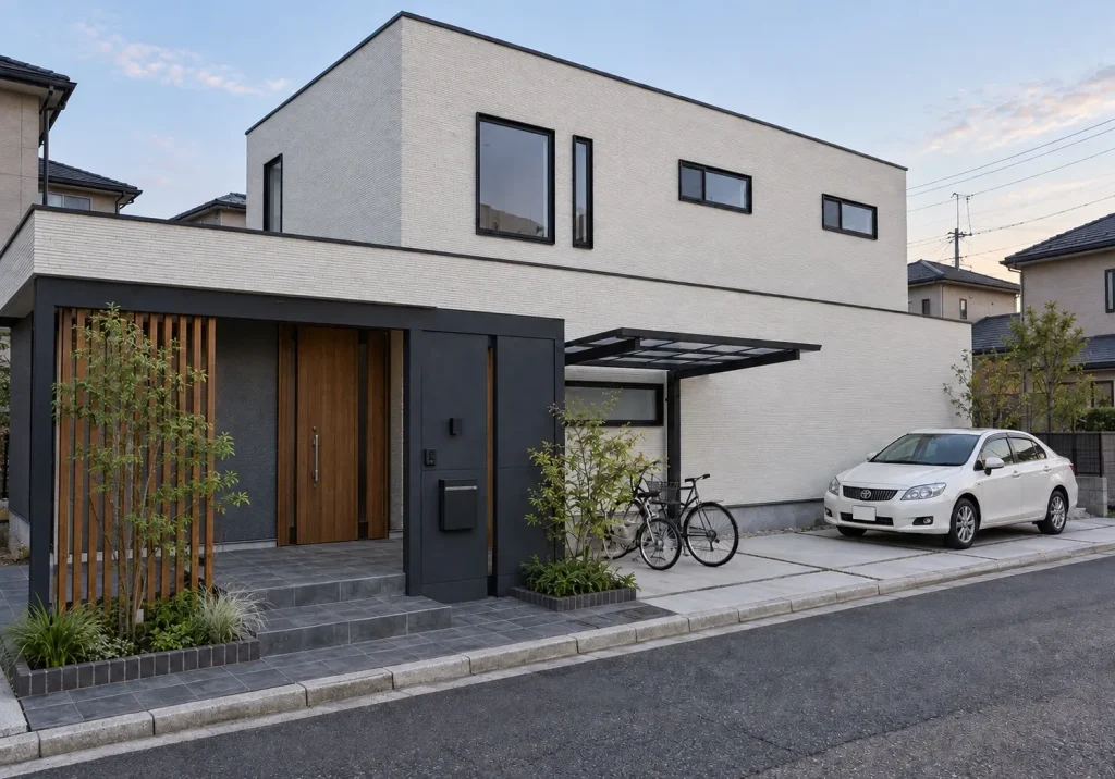 カーポートとタイルテラスのある住まい