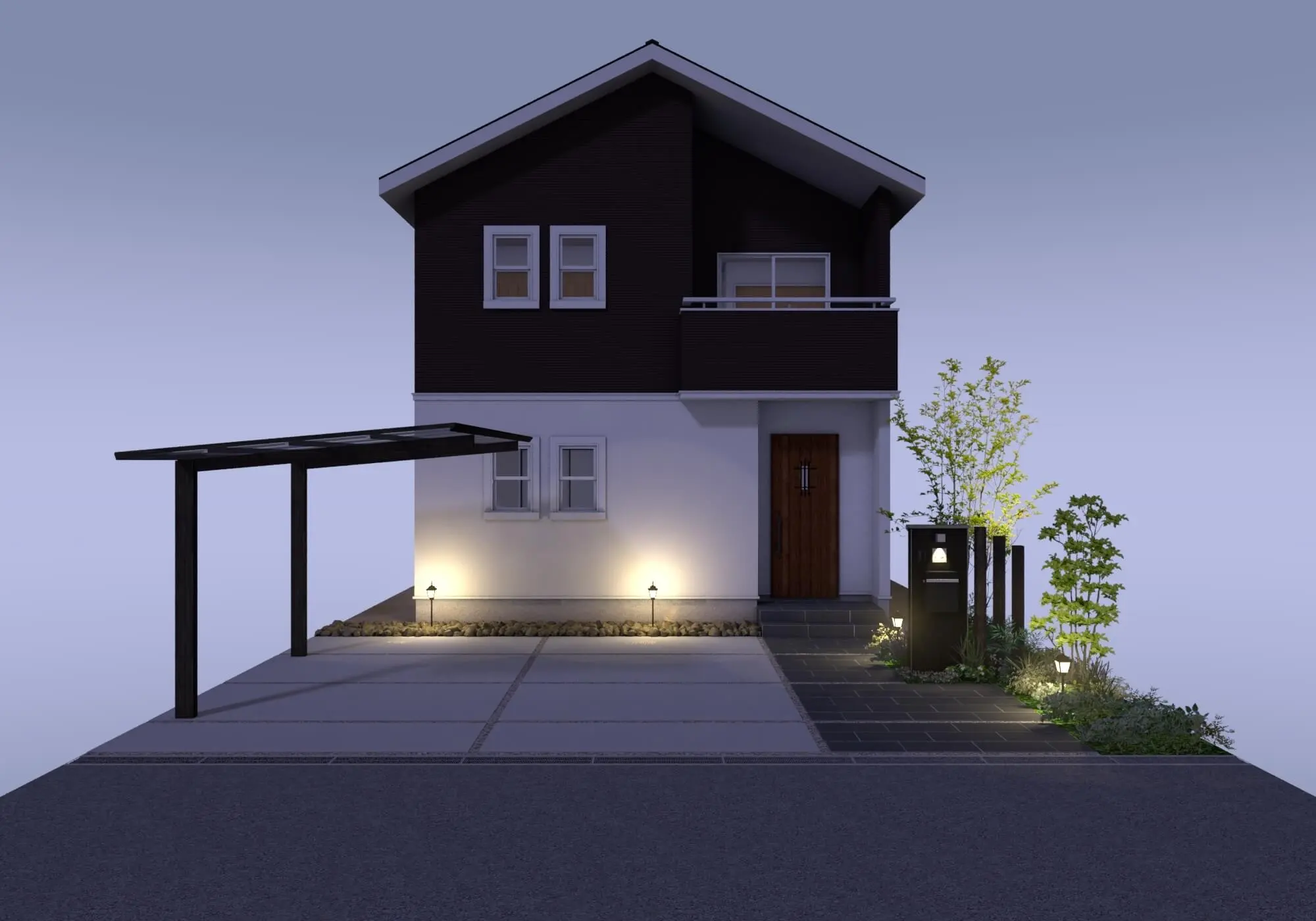 北欧風の住まいに映えるブラックのエクステリア（3Dパース）